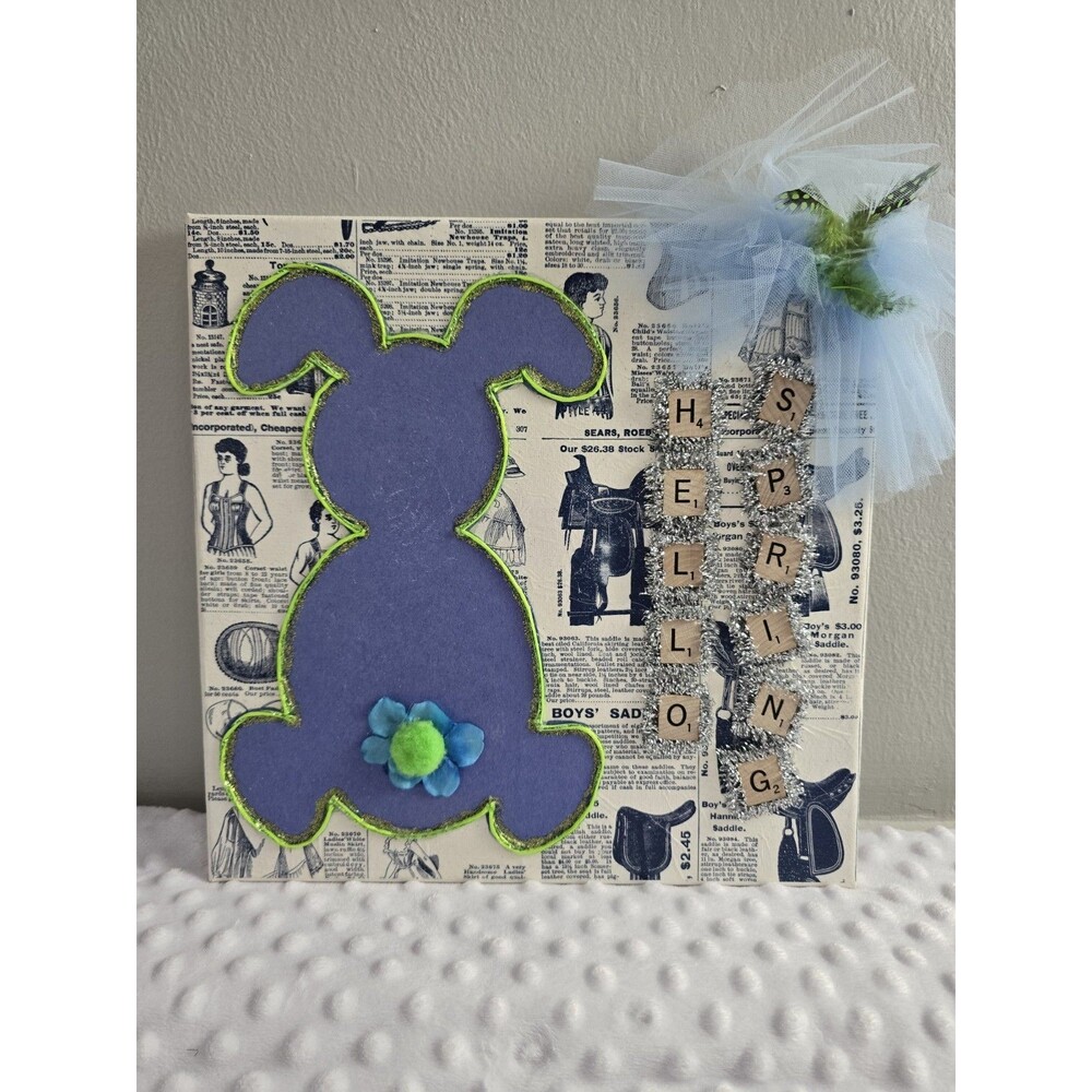 Hello Spring Handcrafted 12" Sign Canvas Wall Art Easter Kitschy Mixed Media